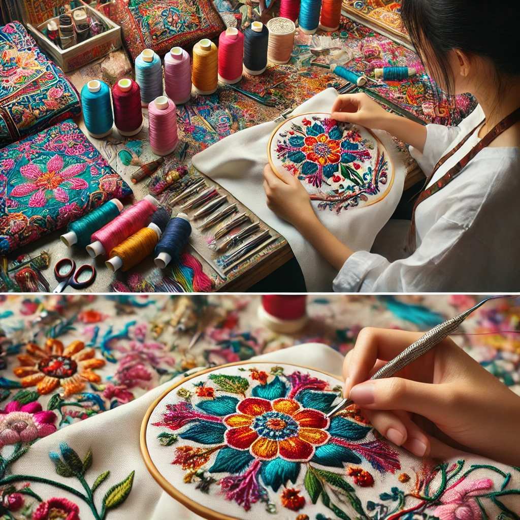 DALL·E 2024-08-21 10.35.06 - A vibrant workshop scene featuring a skilled artisan focused on embroidering intricate floral patterns on fabric. The artisan is surrounded by colorfu.webp